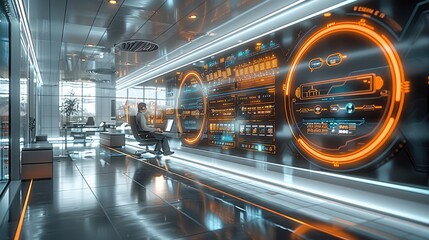 Poster - A sleek, high-tech office setting with a futuristic feel, showcasing advanced AI technology. In the foreground, a person sits confidently using a sophisticated computer interface. Generative AI.