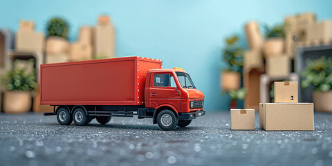 Wall Mural - Red plastic toy delivery truck, mini cardboard boxes. Generative AI.