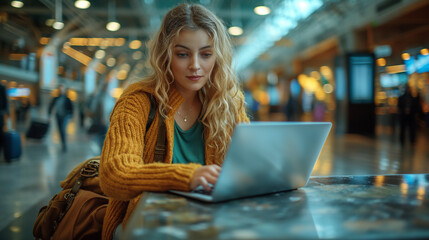 Wall Mural - a business traveler at the airport, working on her laptop with her travel bag