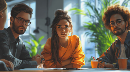 Aufkleber - A team of professionals is depicted sitting around a table in an office, actively participating in a meeting.