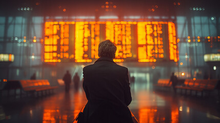 Poster - businessman in an airport waiting lounge, watching the departure screens.