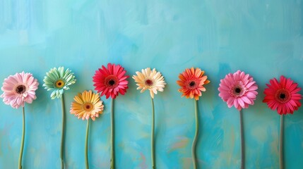 Wall Mural - Gerbera flowers set against a turquoise backdrop