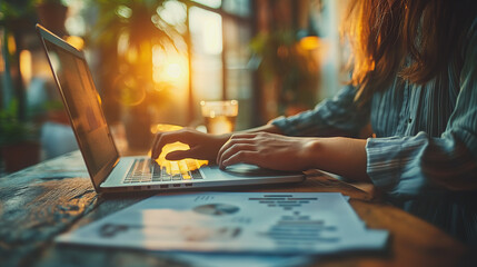 Poster - A woman is typing on a laptop in front of a table with papers. Concept of productivity and focus as the woman works on her tasks