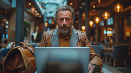 Poster - a businessman seated in an airport lounge, working on his laptop with his travel bag next to him.