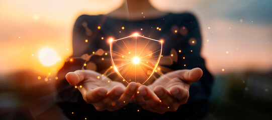 Poster - Businessman hands holding shield protection on networking data, antivirus firewall