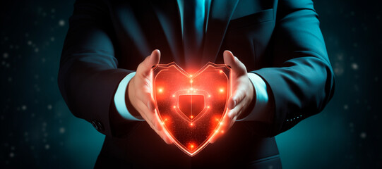 Poster - Businessman hands holding shield protection on networking data, antivirus firewall