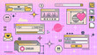 © Vector Tradition - Retro Y2K computer window page and interface screen in pixel, art, vector, background. 8 bit retro and 90s Y2K computer display windows of internet browser tabs with loading bar and error message box