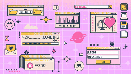 Fototapete - Retro Y2K computer window page and interface screen in pixel, art, vector, background. 8 bit retro and 90s Y2K computer display windows of internet browser tabs with loading bar and error message box