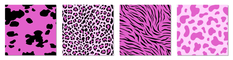 Wall Mural - Animal seamless patterns. Vector set. Retro collection. Black and pink backgrounds. Fabric, textile print.