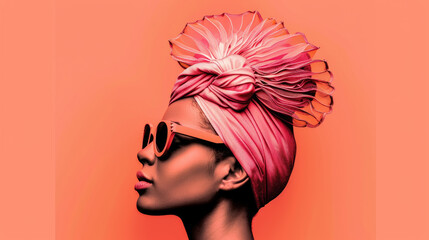 Wall Mural - A woman wearing a pink headscarf and sunglasses poses against a peach background