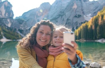 A woman takes a selfie with her daughter while on vacation in the Dolomites, Italy, near Lake Braies.