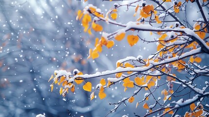 Wall Mural - Winter scenery of yellow leaved branches covered in snow