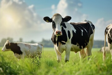 View from side body of a three Holstein Cow standing on grass, Awe-inspiring, Full body shot ::2 low Angle View