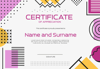 Poster - Certificate template, abstract geometric memphis background. Vector diploma or certificate of appreciation, achievement award and gift with frame borders of geometric shapes and figures pattern