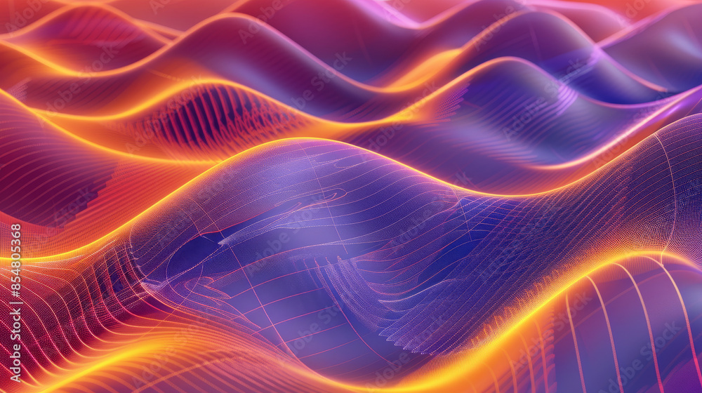 Gradient purple and orange background with holographic wave textures ...