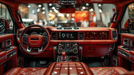 Poster - A interior view luxury red color Pickup double cabin monster car with a showroom background. Generative AI.