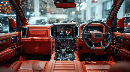 Poster - A interior view luxury red color Pickup double cabin monster car with a showroom background. Generative AI.