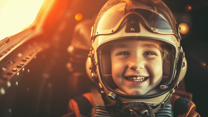 Wall Mural - Funny kid in a pilot's helmet close-up