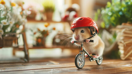 Wall Mural - Funny fluffy hamster in a helmet rides a bike, humorous close-up background image
