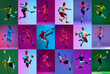 © master1305 - Collage. Different young people,. men and women, football players in mid-air hitting soccer ball, playing against multicolored background in neon light. Concept of sport, competition, tournament, game