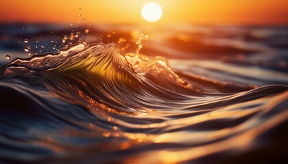 Wall Mural - ai generative of wave with sunset over water, close-up
