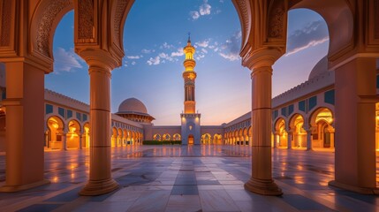 Majestic Golden Minaret Tower in Serene Courtyard with Illuminated Arches and Pillars - Spiritual and Architectural Symbol