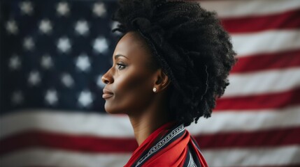 Wall Mural - African American woman with American flag on background. USA flag. Symbol of the United States. Republic Day. Independence Day. Elections. USA symbol