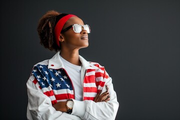 Wall Mural - African American woman with American flag on background. USA flag. Symbol of the United States. Republic Day. Independence Day. Elections. USA symbol