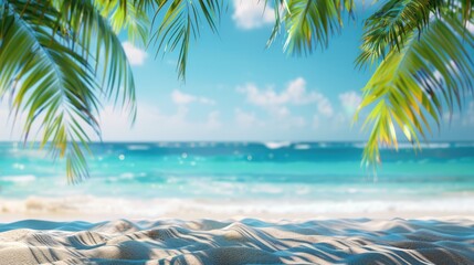 Aufkleber - Blurred background of beautiful white sandy beach with palm trees and blue ocean water. summer vacation concept with copy space. Generative AI.