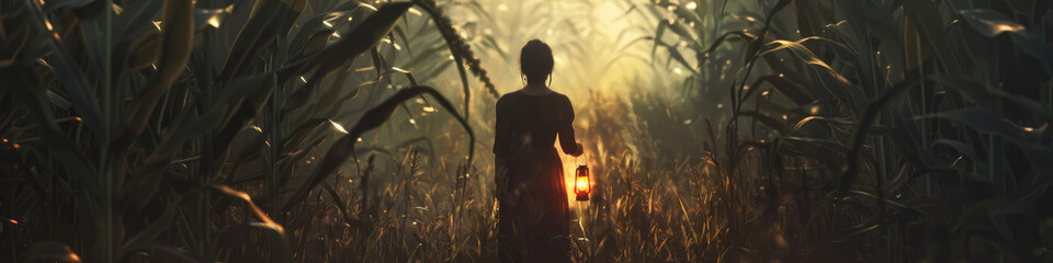A woman walks alone through a cornfield, holding a lantern as the sun sets in the distance