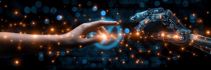 Poster - human and robotic hands reaching across intricate digital network in symbolic connection