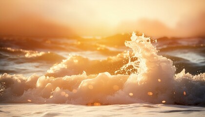 Canvas Print - ai generative sunset on the beach with golden color, foam, ripple and wave