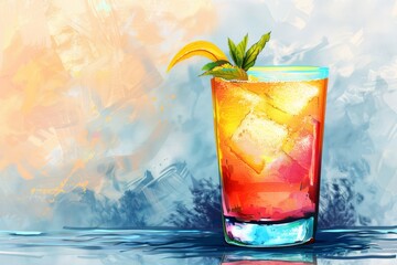 A refreshing layered drink with a twist of lemon and a sprig of mint, perfect for a summer day. The transparent glass showcases the vibrant colors of the tropical ingredients.