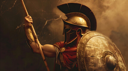 Wall Mural - An ancient Greek hoplite wearing a Corinthian helmet and wielding a spear, painting.


