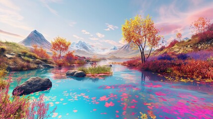 A dreamy, colorful landscape featuring a calm river, vibrant trees, pink flowers, with snowy mountains in the background under a clear blue sky.