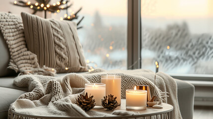 Wall Mural - Burning candles in a cozy room interior in light beige colors in daylight