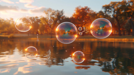 Wall Mural - Bubbles floating above a serene lake during sunset, reflecting the golden hues of autumn trees.