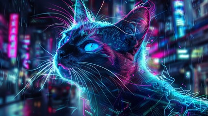 Wall Mural - A cat with glowing eyes in a cityscape, AI