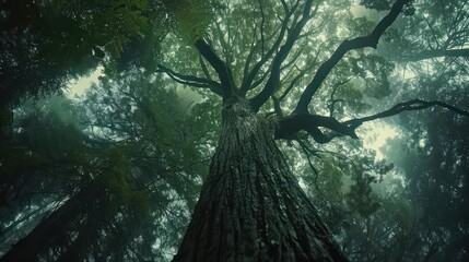 Canvas Print - Bottom view of tree trunk to green leaves of big tree in tropical forest with sunlight