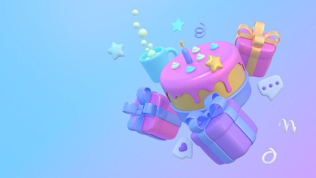 Concept happy day. Birthday cake vector background design. Happy birthday greeting text with yummy cake element decoration for kids party occasion. 3d render
