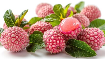 Wall Mural - Freshly Picked Lychees with Green Leaves