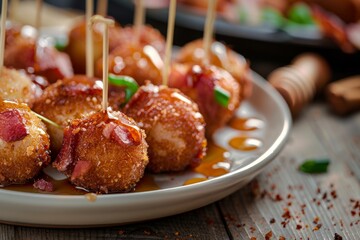 Crispy bacon wrapped cheese balls with maple syrup glaze