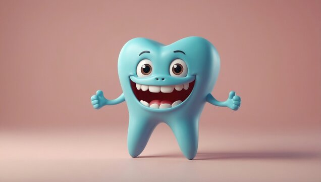 A blue cartoon tooth character with a big smile and thumbs up gestures, on a pink background, copy space