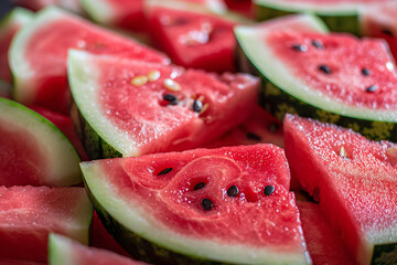 Wall Mural - juicy and fresh watermelon slices with water drops
