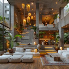 Wall Mural - Modern multi-level living room with concrete walls and wooden floors