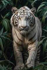 Poster - A majestic white tiger strolling through a dense jungle, surrounded by vibrant green foliage