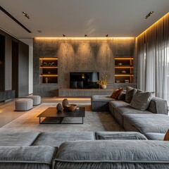 Wall Mural - Modern Living Room with Gray Sectional Sofa and Ambient Lighting