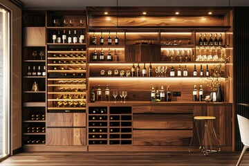 Aufkleber - A photo of a bar with many bottles of wine on display, suitable for use in articles or advertisements about wine and dining