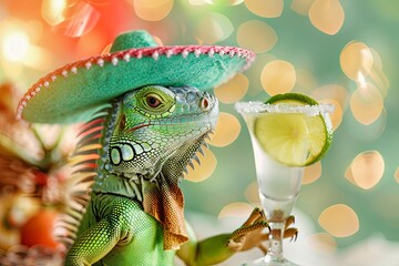 Wall Mural - A iguana in sombrero holding lime margarita with salt, Cinco de Mayo Feast, Mexican Delicacies banner