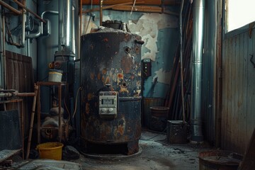 Poster - A rusty old water heater sits in a neglected building, with peeling paint and worn-out fixtures
